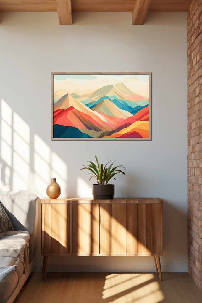 An abstract nature art print in warm mid century colors featuring Colorado Ridge.
