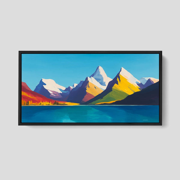 A framed vibrant mountain artwork.
