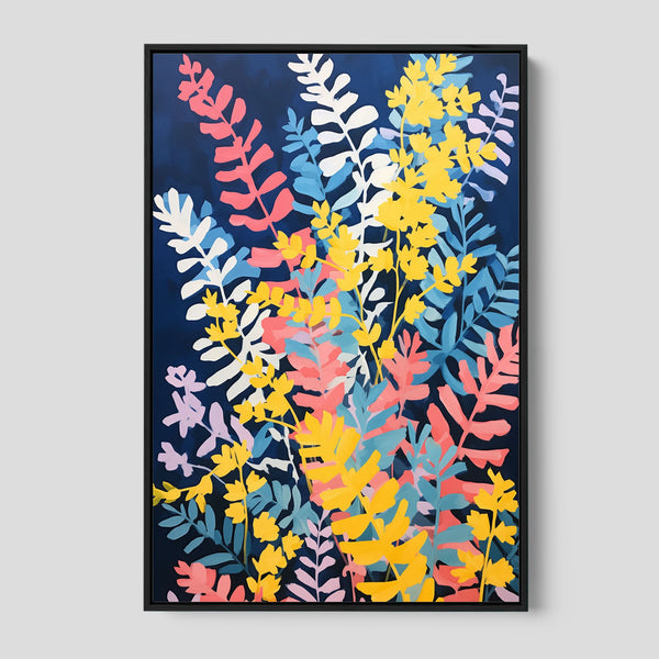 An abstract floral wall decor bursts with bold colors.