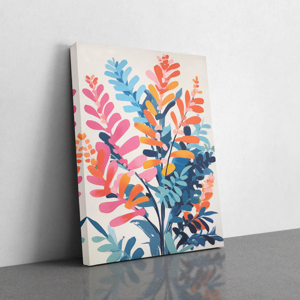 A colorful canvas art featuring bold shapes and layered hues.