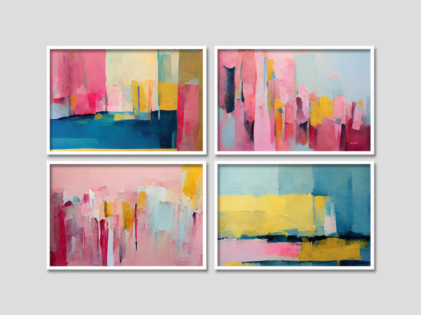 4 Piece Modern Abstract Wall Art Set in pink blue and yellow.
