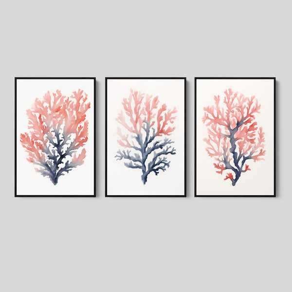 Watercolor Coral Coastal Wall Art Set.