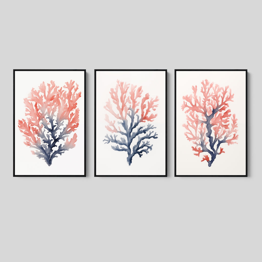 Watercolor Coral Coastal Wall Art Set.