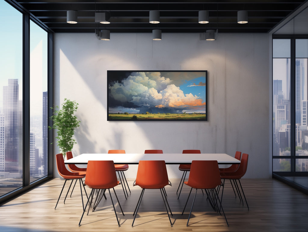 A framed prairie landscape art print featuring big clouds rolling through countryside.