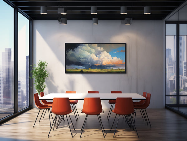 A framed prairie landscape art print featuring big clouds rolling through countryside.