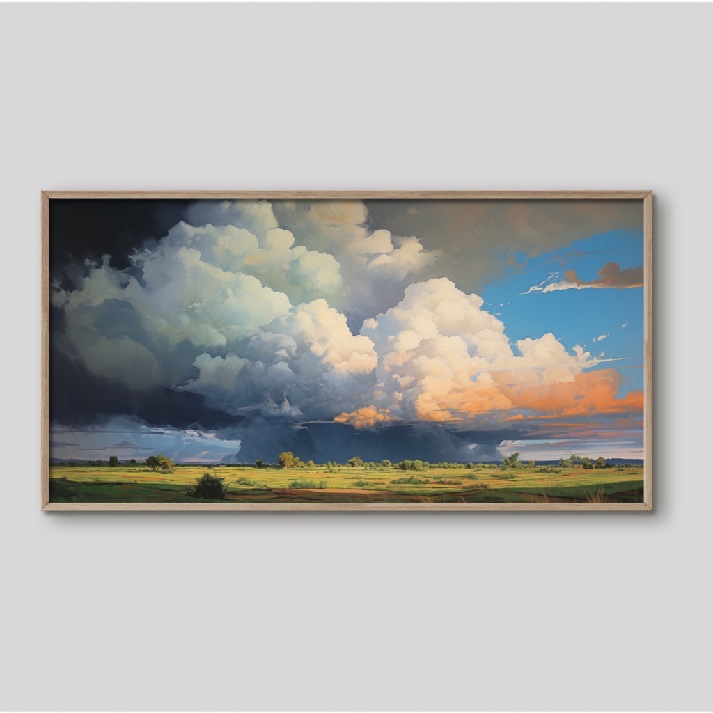 A large nature canvas artwork of clouds over countryside.