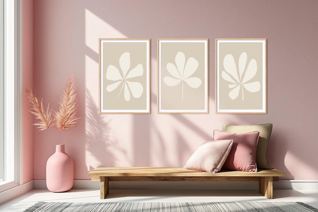 A large abstract botanical artwork set in neutral hues.