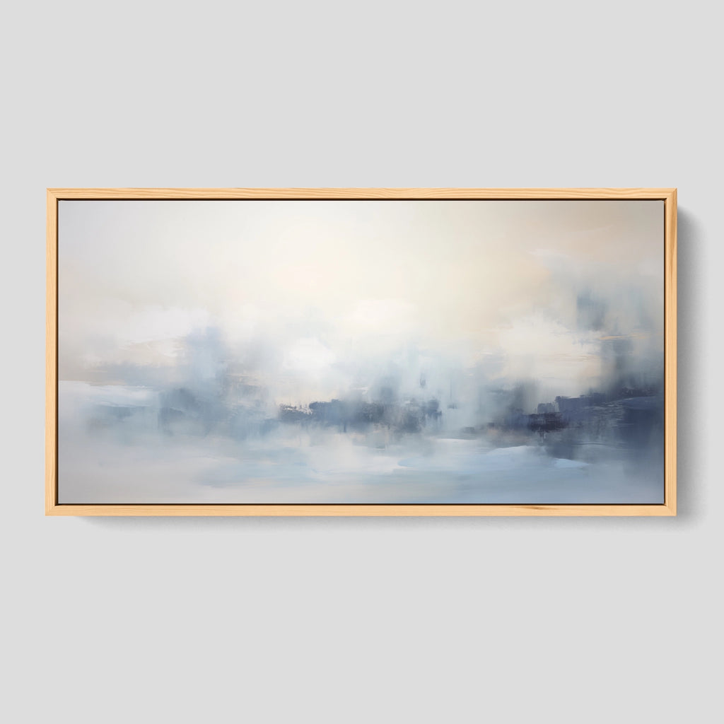 A framed abstract canvas print in soft hues.