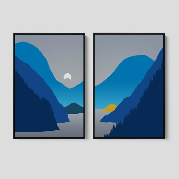 A framed 2 piece minimal landscape canvas art.