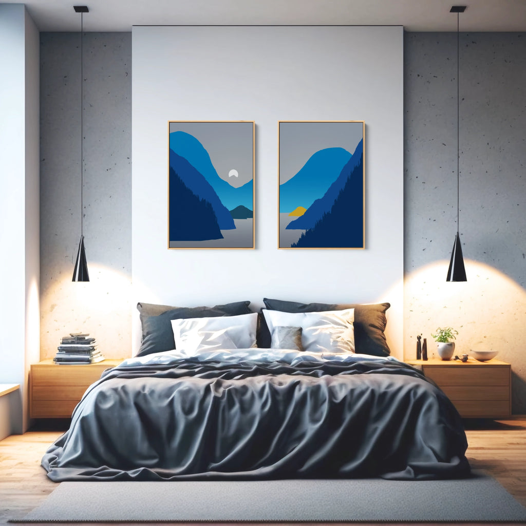 A calming dawn at the lake art print set in blue and grey. 