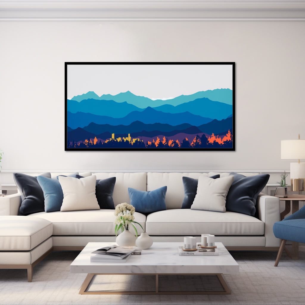 Modern abstract Denver, Colorado landscape artwork in blue.