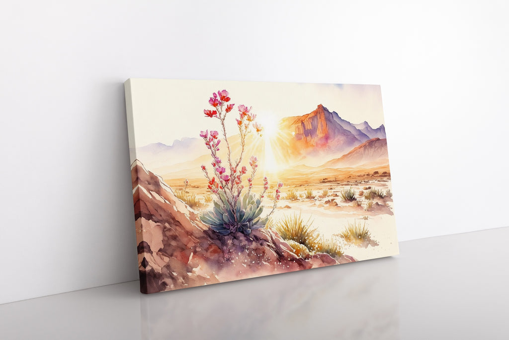 A horizontal southwestern landscape art print in warm colors.