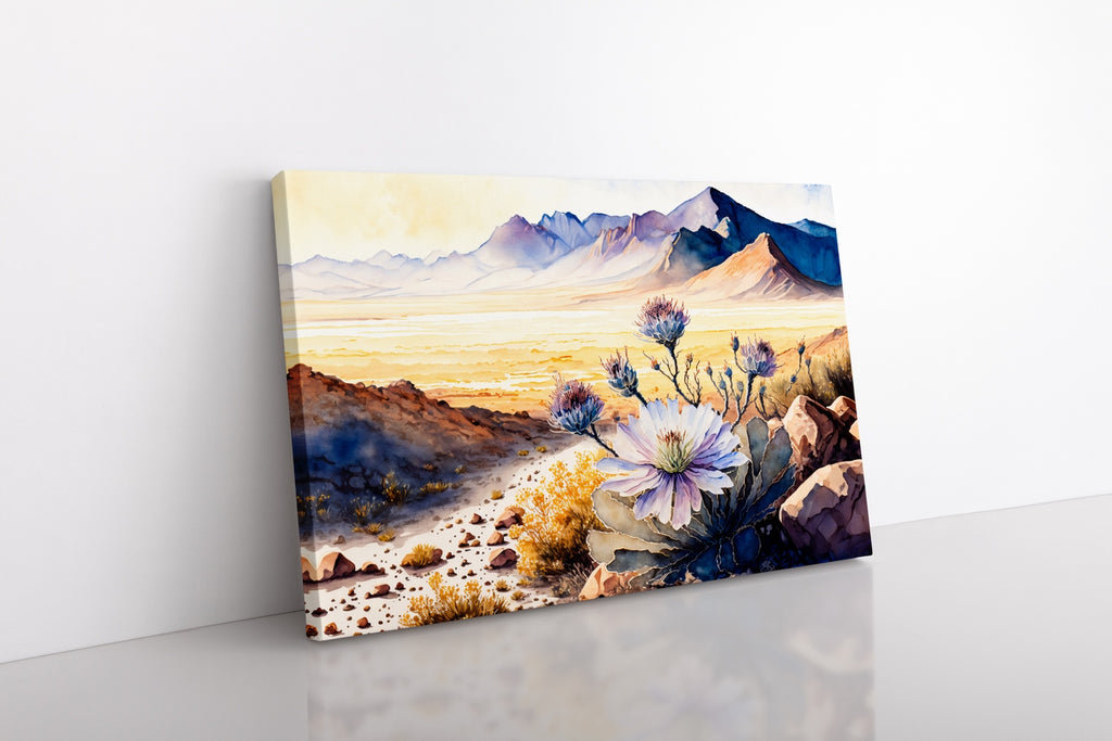 A horizontal vibrant desert artwork on stretched canvas.