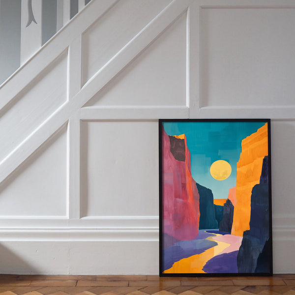 A framed vibrant minimalist canyon wall art print.