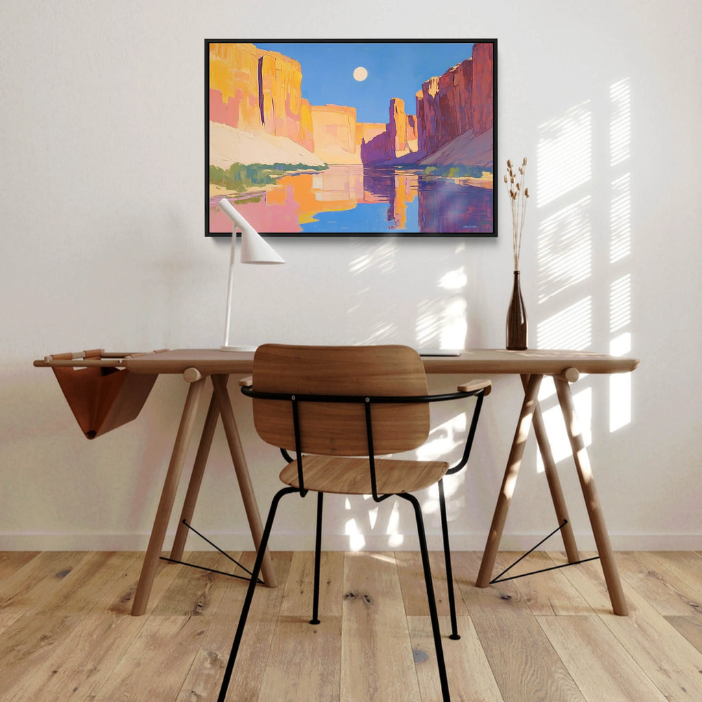 A minimalist canyon scenery art print in soft hues.