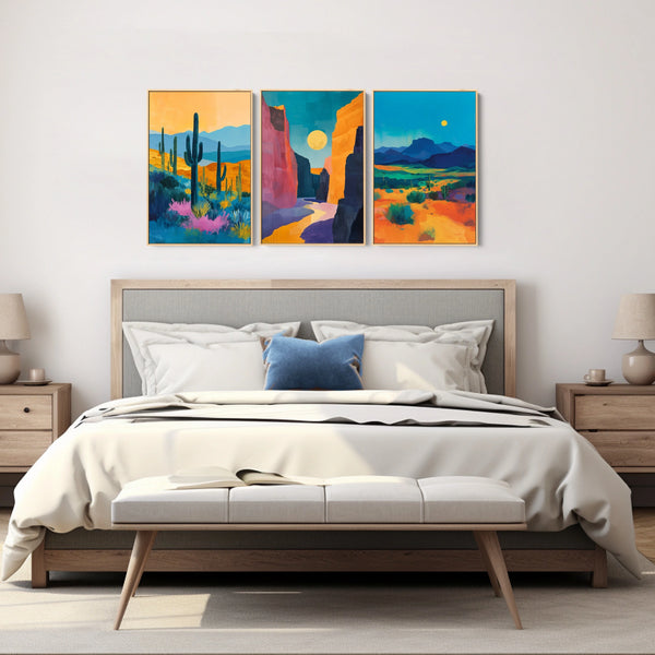 vibrant desert wall decor in blue, orange and pink.