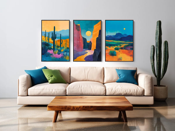 vibrant desert wall decor in blue, orange and pink.