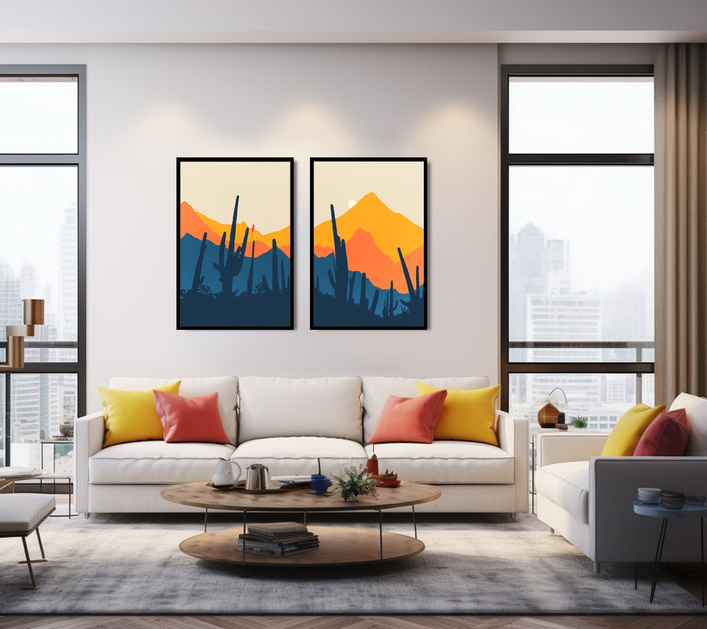 Minimalist desert cactus wall art set in vibrant colors.