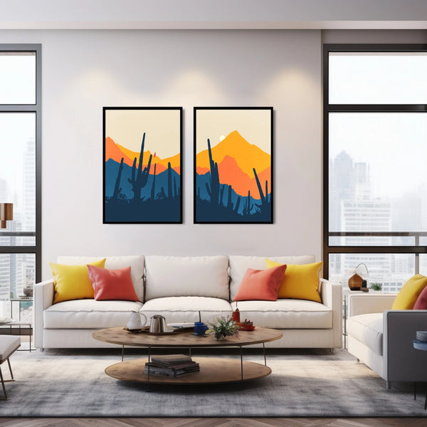 Minimalist desert cactus wall art set in vibrant colors.