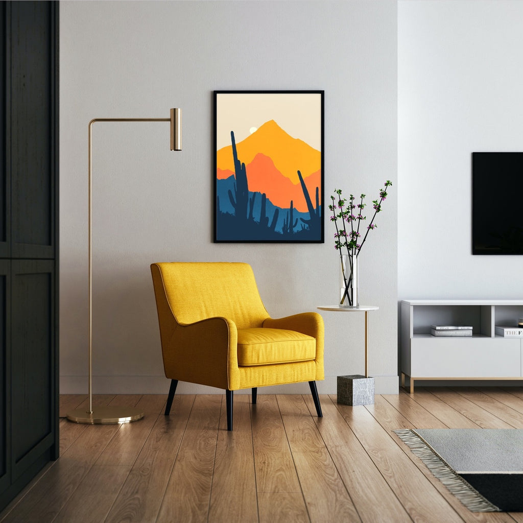 Mid century modern southwestern desert canvas artwork in orange and blue.