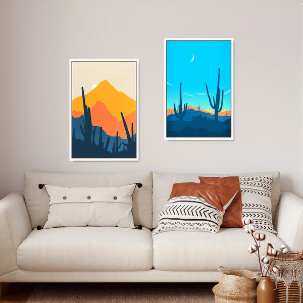 A set of two vibrant Saguaro Cactus art prints in blue and orange.