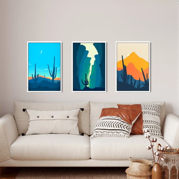 A set of three mid century modern inspired Southwest landscape artworks.