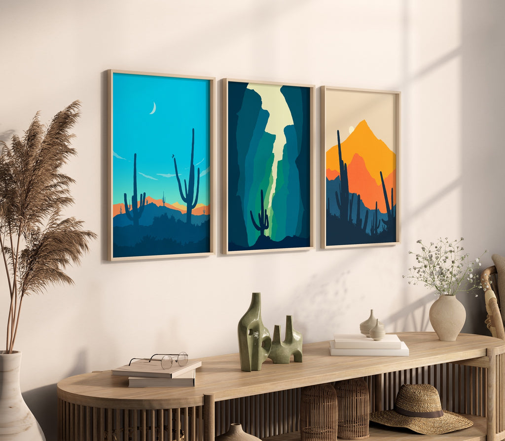 3 Piece Vibrant Cactus Wall Decor Set in Blue, Green and Orange.