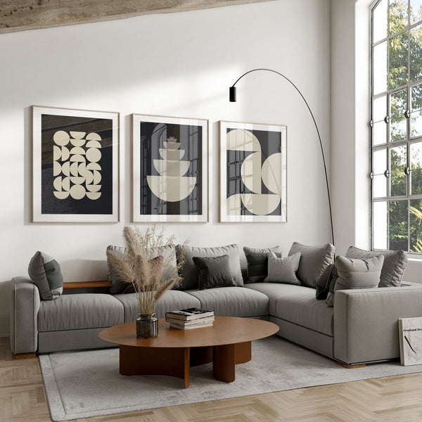 A framed abstract geometric wall decor set in neutral tones.