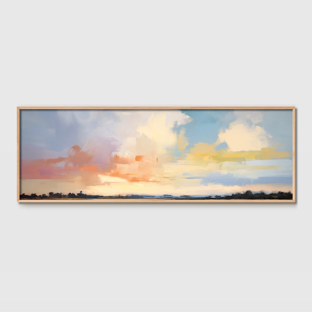 A long panoramic artwork sweeping view of open skies and soft, atmospheric clouds.