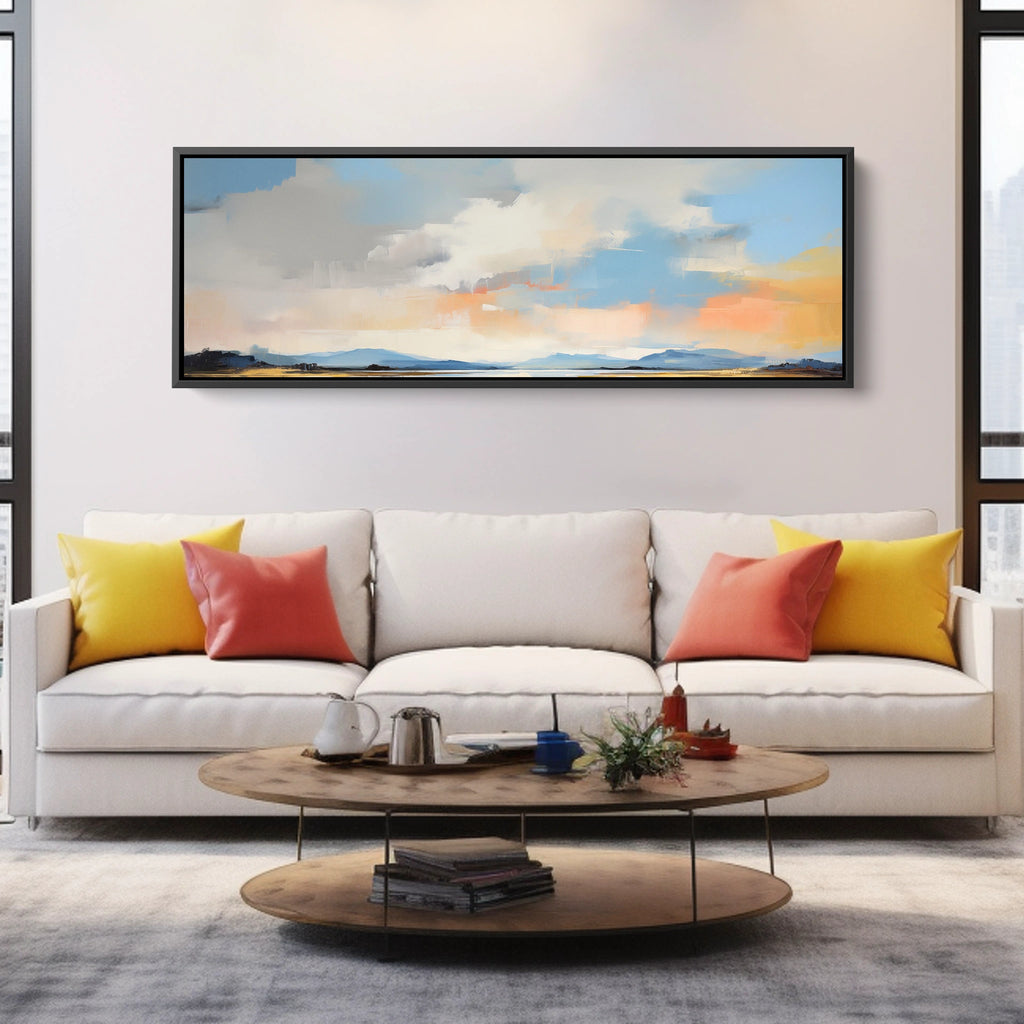 A horizontal framed artwork featuring white clouds in soft, delicate tones.