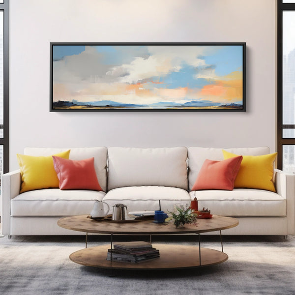 A horizontal framed artwork featuring white clouds in soft, delicate tones.