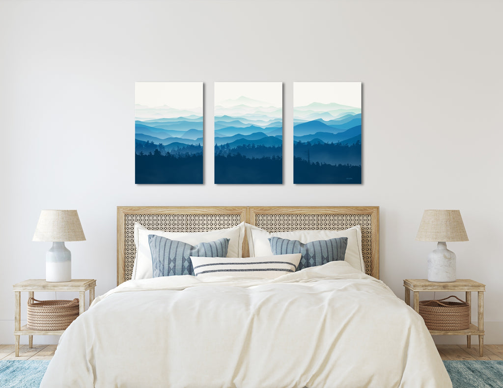 Misty Mountains Landscape Wall Art Set in Shades of Blue.