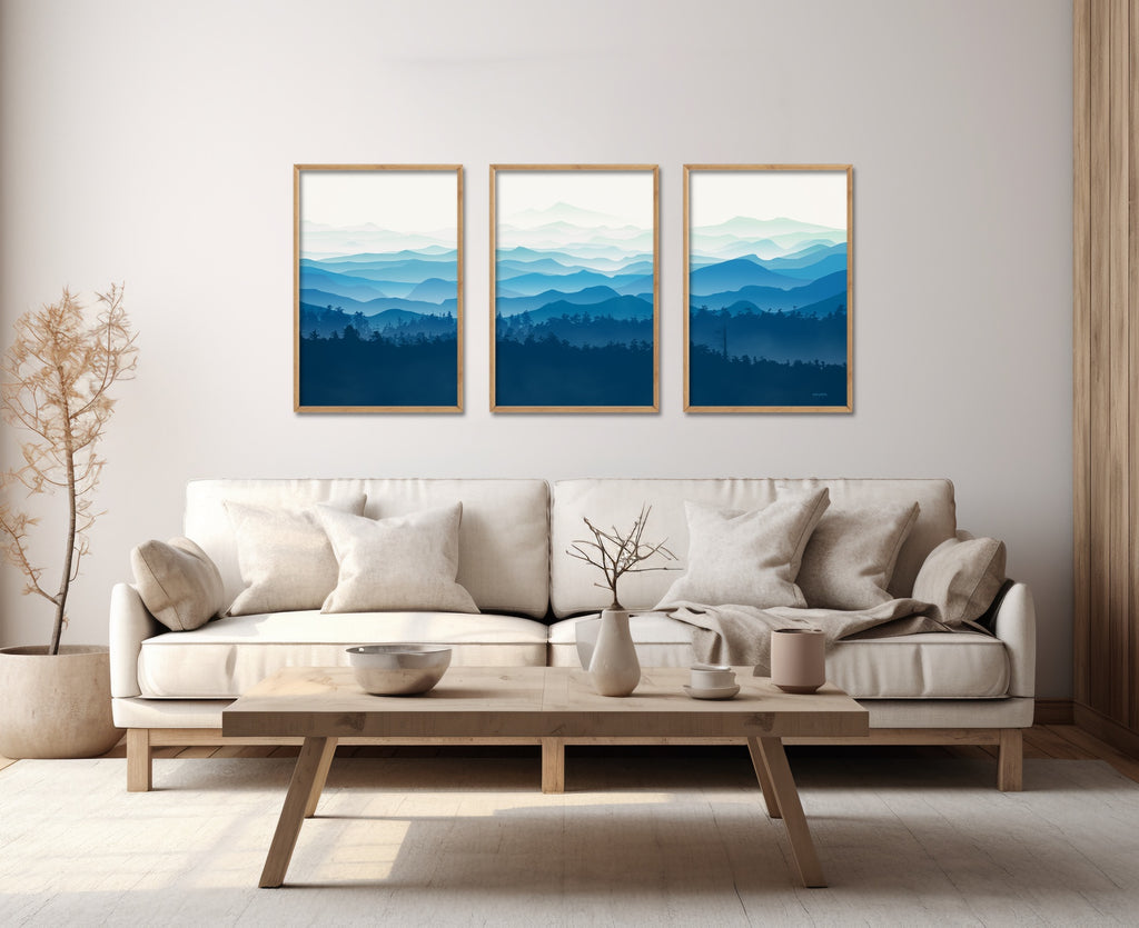 Minimalist Mountain Nature Wall Art Set in Shades of Blue.