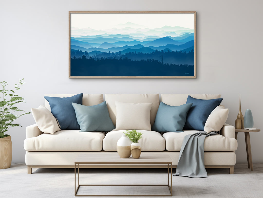 Endless misty mountains recede into the horizon in this landscape artwork. 