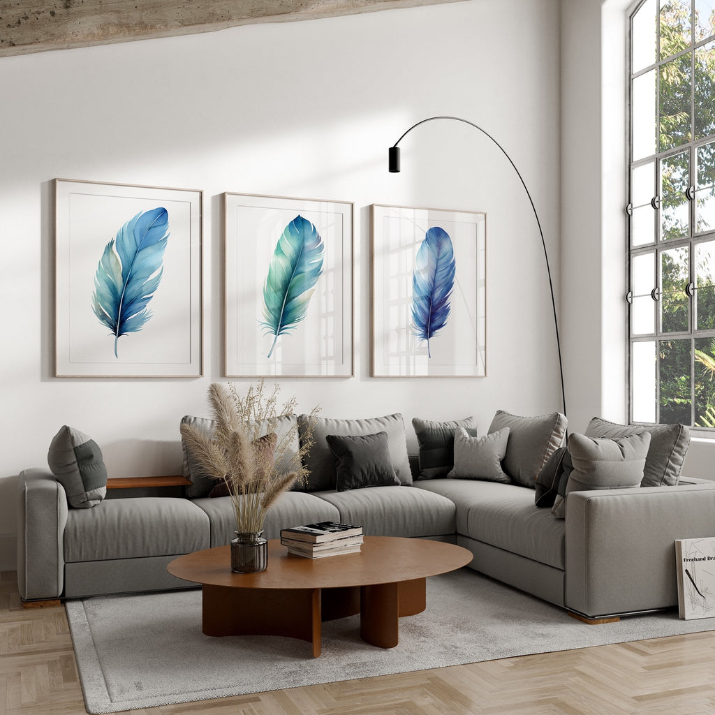 A set of three boho inspired art prints featuring 3 feathers. 