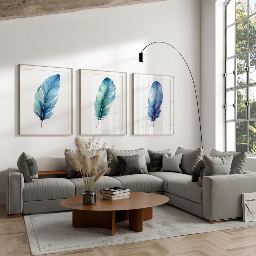 A set of three boho inspired art prints featuring 3 feathers. 