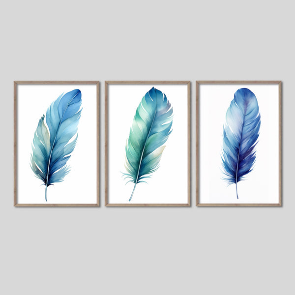 Watercolor Boho Feather Wall Decor in Blue and Green.