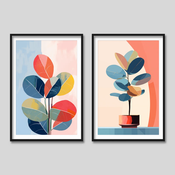 Set of 2 Mid Century Modern Botanical Prints in Pastel Colors.