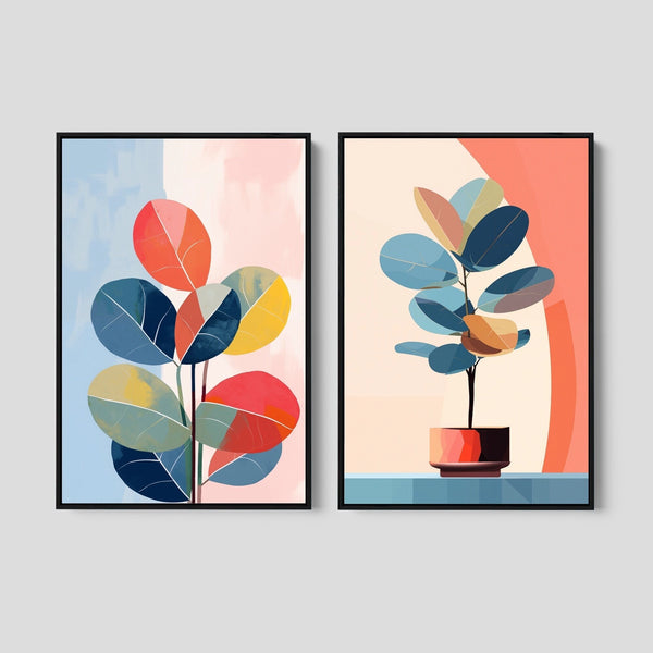 Set of 2 Mid Century Modern Botanical Prints in Pastel Colors.