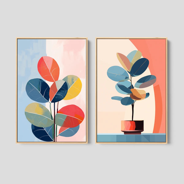 A 2 piece abstract plant wall art prints in pastel colors.