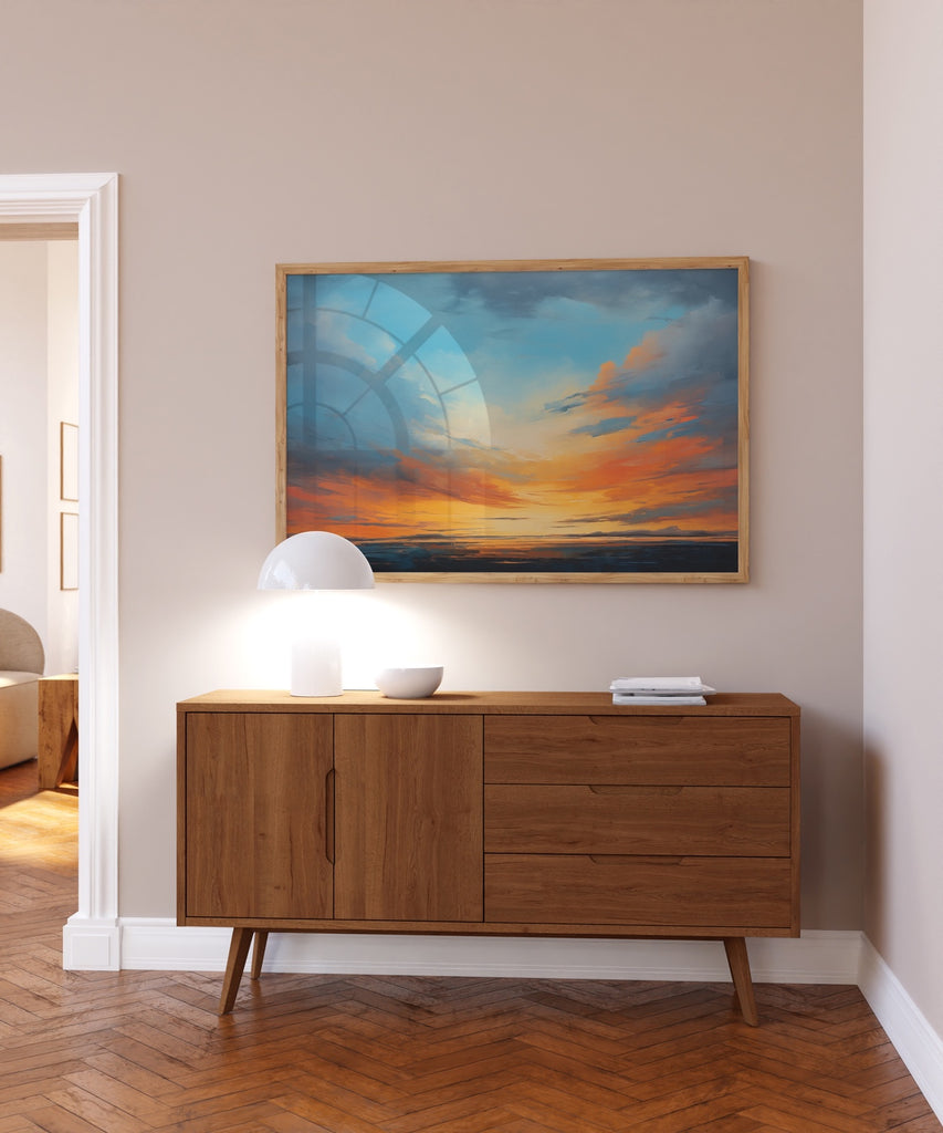A vibrant abstract scenery canvas wall art in warm sunset colors.