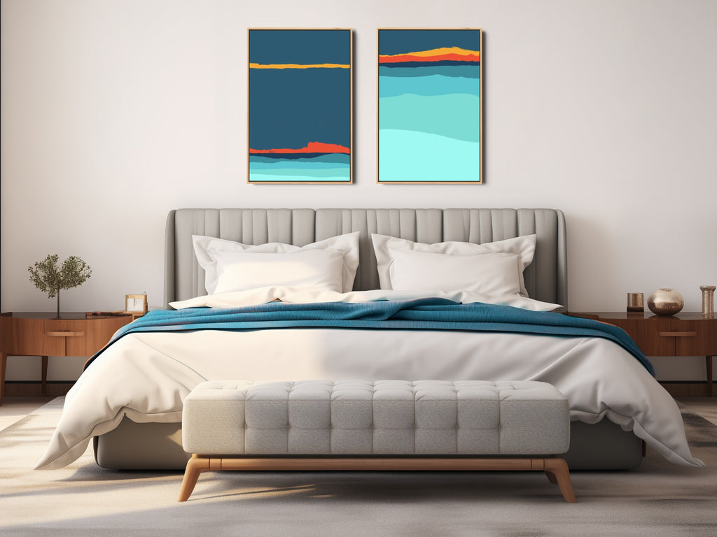 A set of two abstract seascape prints in sea blue. 