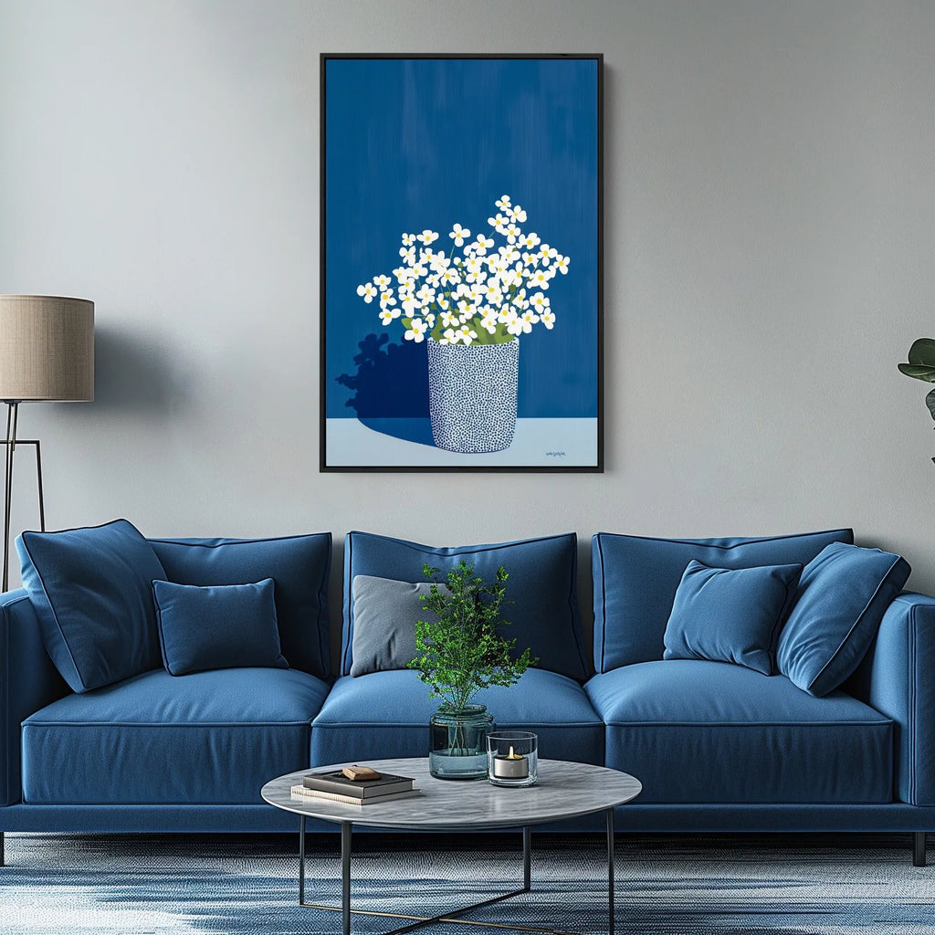 A vertical botanical art print featuring white flowers in a blue vase.