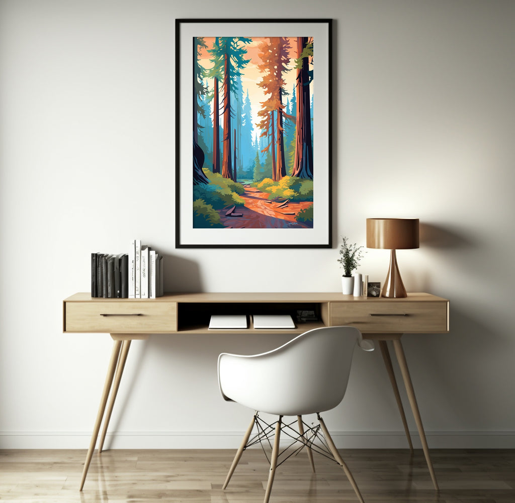 Modern framed forest wall art in rich colors.