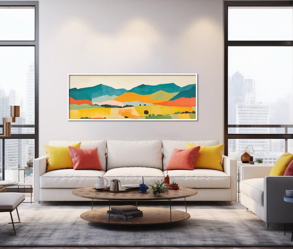A panoramic California artwork in warm colors.
