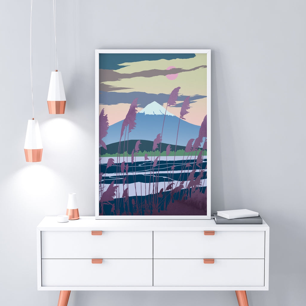 A vertical minimalist Mount Fuji canvas wall art.
