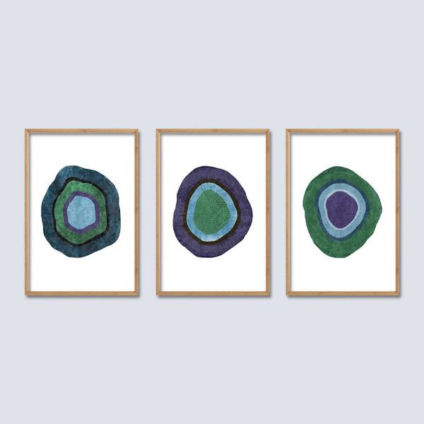3 Piece Abstract Geode Wall Art in Blue, Green and Purple.