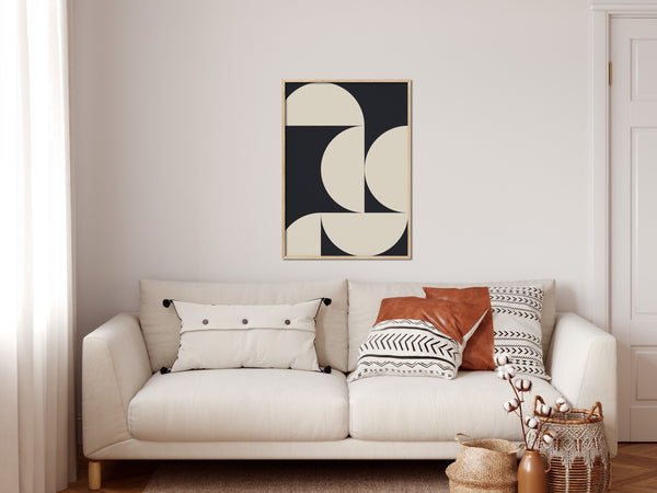 Mid century modern abstract canvas art print in neutral colors.