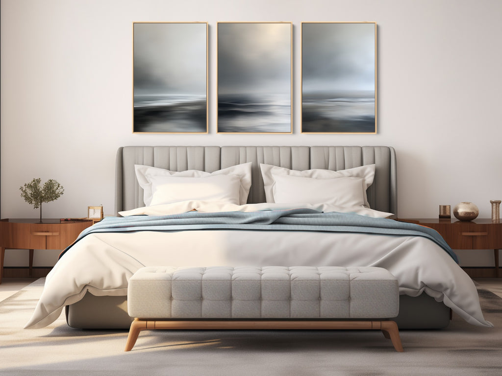 A neutral abstract coastal scene art print set on fine art paper or canvas, framed or unframed.