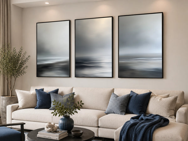 Framed calming nature wall decor featuring a beach scene on a cloudy day.